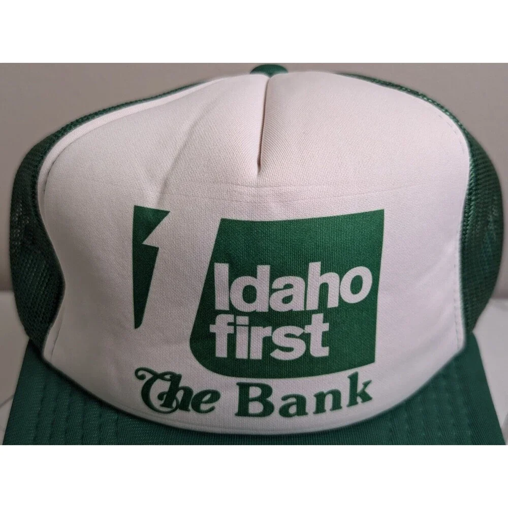 Vintage Idaho First The Bank Mesh Snapback Trucker Hat Sport Cap Green White